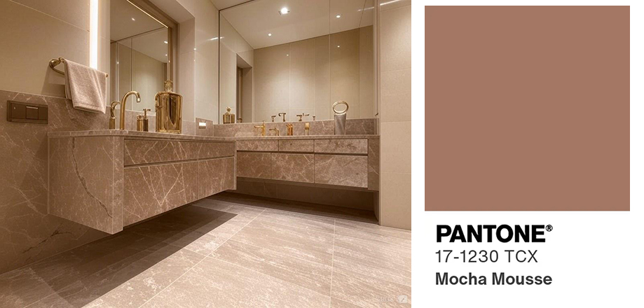 Cultured marble bathroom featuring the Pantone Color of the Year for 2025 - Mocha Mousse. Live Grout Free with a groutless bathroom in the latest styles and colors.